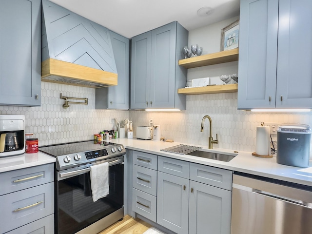 kitchen with stainless steel appliances, premium range hood, sink, and backsplash