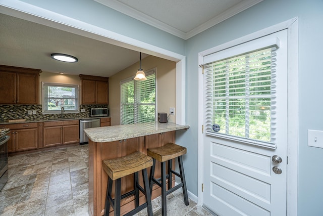 2847 Limestone Blvd, Charleston, SC 29414 - kitchen featuring stainless steel appliances, tasteful backsplash, a breakfast bar area, ornamental molding, and a peninsula