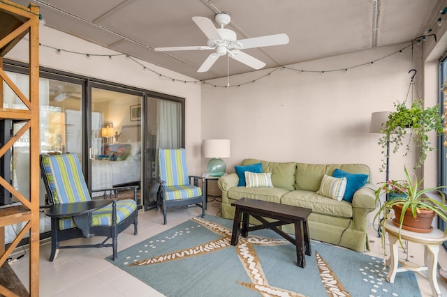 interior space with an outdoor living space and ceiling fan