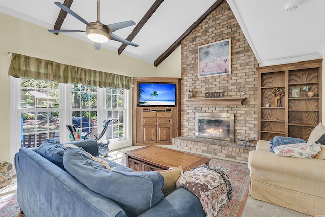living room featuring ornamental molding, ceiling fan, a brick fireplace, healthy amount of natural light, and carpet floors