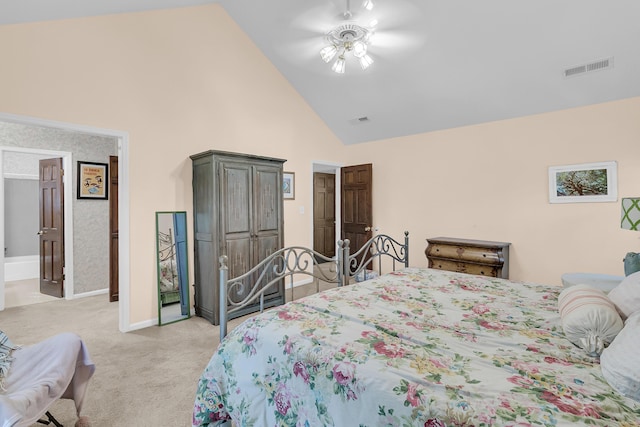 bedroom with light carpet, high vaulted ceiling, and baseboards