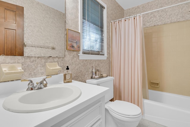 bathroom with toilet, wallpapered walls, vanity, shower / bath combination with curtain, and tile patterned flooring