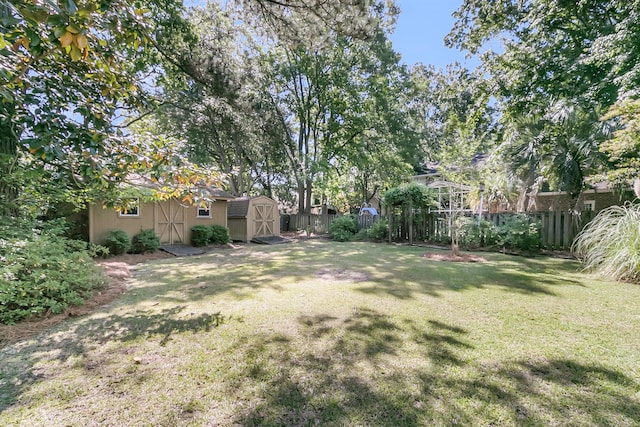 view of yard featuring a storage shed and an outdoor structure