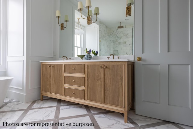 3215 Pine Needle Ln, Seabrook Island, SC 29455 - bathroom with marble finish flooring, a walk in shower, double vanity, a decorative wall, and a soaking tub