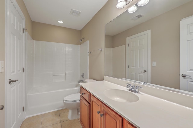 full bathroom featuring toilet, tile patterned flooring, vanity, and  shower combination