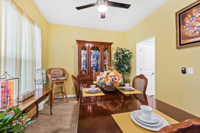 dining room with a healthy amount of sunlight, ceiling fan, and baseboards