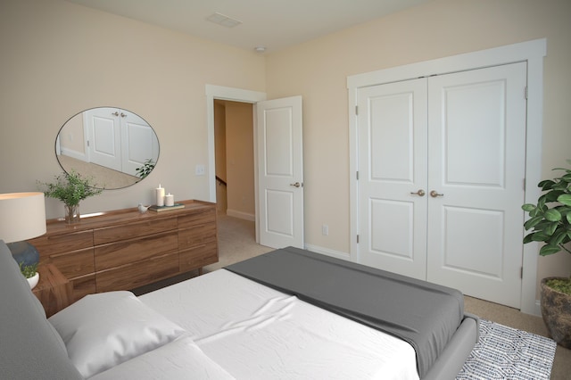 bedroom with light carpet, a closet, and baseboards