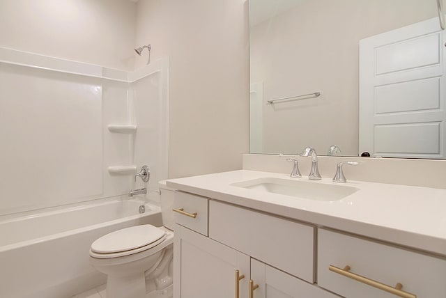 bathroom with shower / tub combination, vanity, toilet, and tile patterned floors