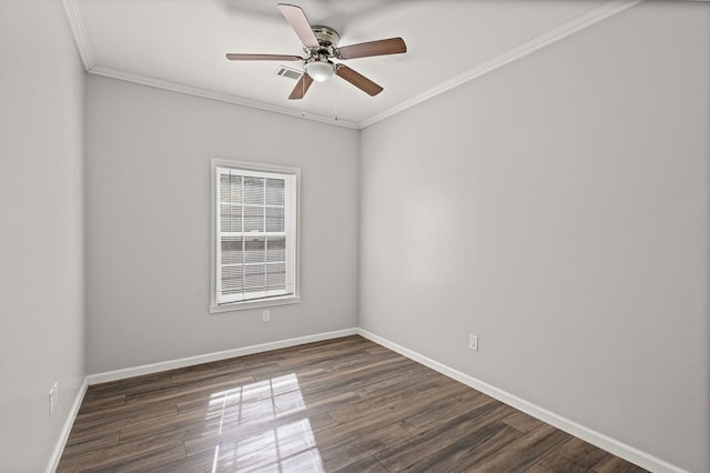 empty room with dark wood-type flooring, crown molding, and ceiling fan