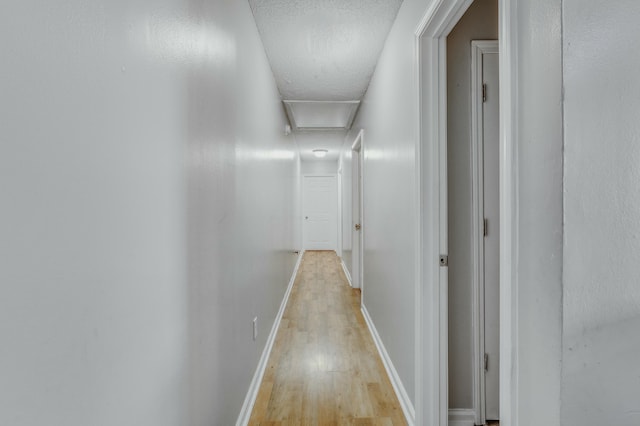 hallway featuring a textured ceiling and light hardwood / wood-style flooring