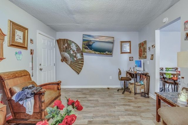 living area with light hardwood / wood-style floors and a textured ceiling