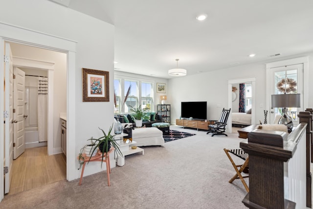 living room featuring light colored carpet