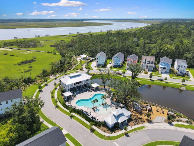 drone / aerial view with a water view