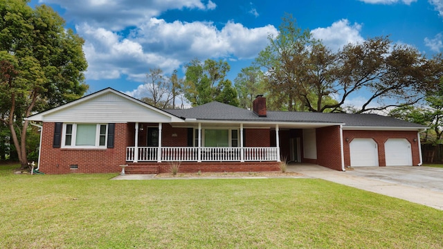 single story home featuring covered porch, a front lawn, and a garage