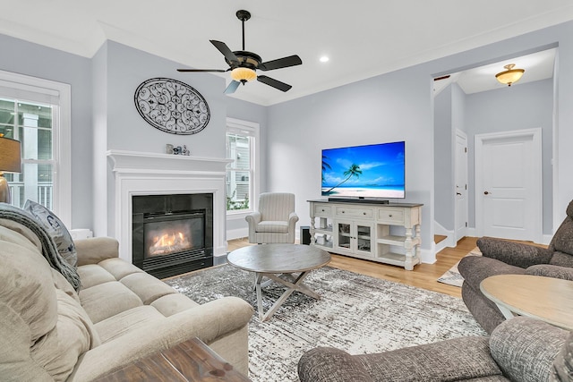 living room featuring a fireplace, ceiling fan, hardwood / wood-style floors, and crown molding