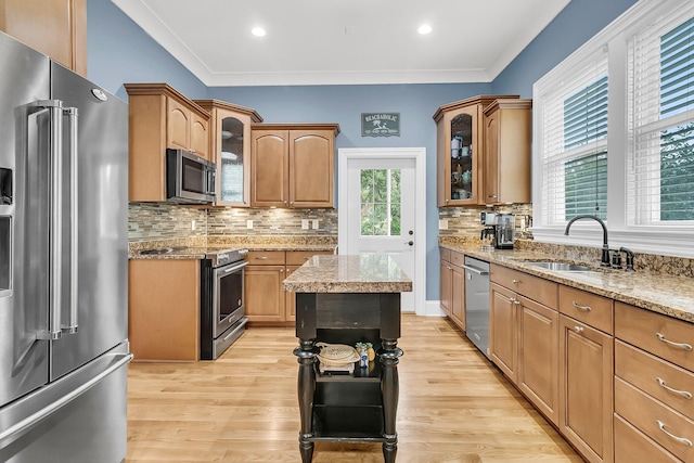 kitchen featuring sink, light hardwood / wood-style flooring, ornamental molding, and appliances with stainless steel finishes