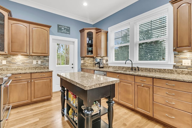 kitchen featuring decorative backsplash, light wood-type flooring, stainless steel range oven, and sink