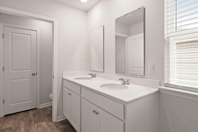 bathroom with wood-type flooring, vanity, and toilet