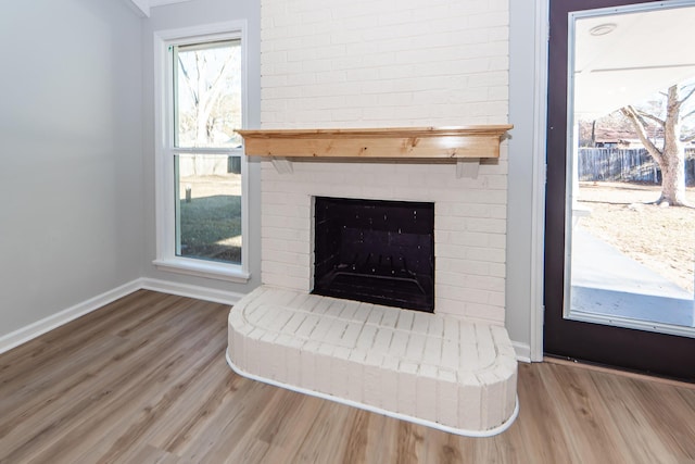 room details featuring a fireplace and wood-type flooring