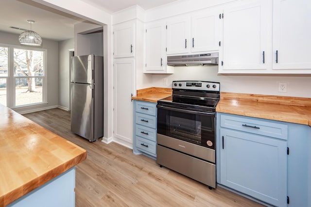 kitchen with wood counters, white cabinetry, stainless steel appliances, and decorative light fixtures