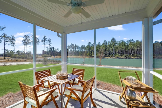 sunroom featuring wooden ceiling, a water view, ceiling fan, and a healthy amount of sunlight