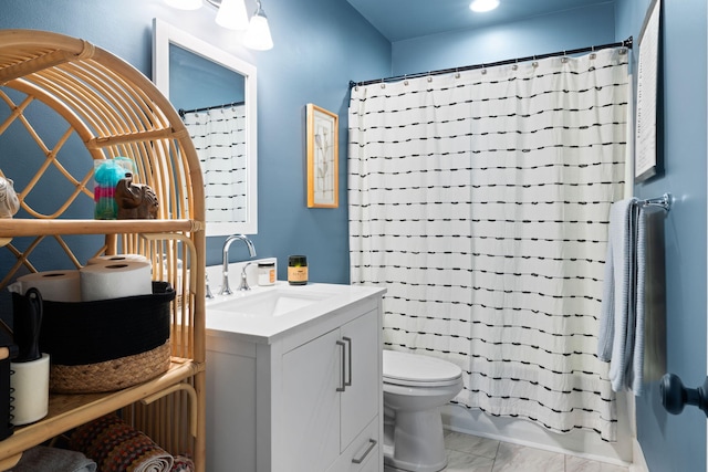 2924 Alabama Dr, North Charleston, SC 29405 - full bath featuring vanity, toilet, marble look tile flooring, and a shower with shower curtain