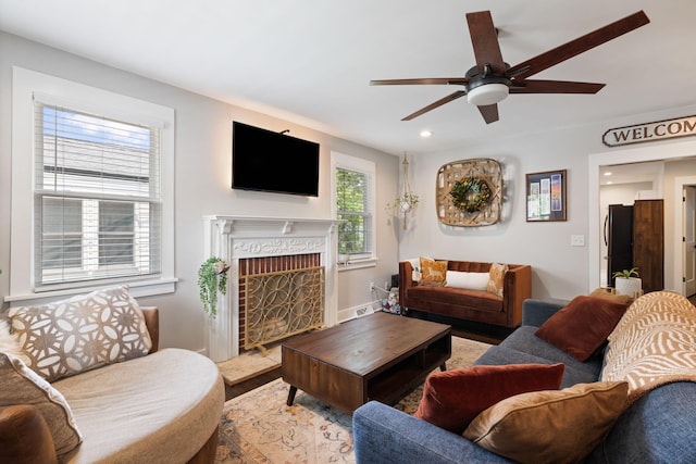 2924 Alabama Dr, North Charleston, SC 29405 - living room with recessed lighting, ceiling fan, wood finished floors, and a fireplace