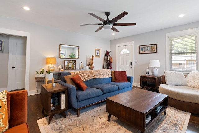 2924 Alabama Dr, North Charleston, SC 29405 - living room featuring ceiling fan, recessed lighting, wood finished floors, and baseboards