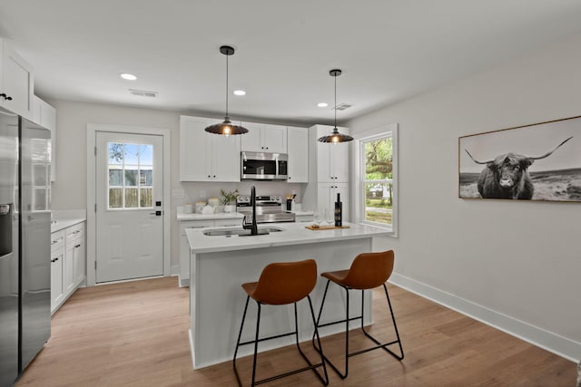 kitchen featuring stainless steel appliances, healthy amount of natural light, light countertops, light wood-style floors, and recessed lighting
