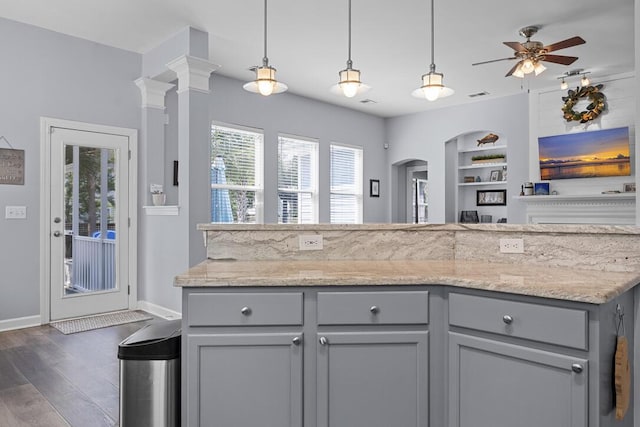 185 Red Leaf Blvd, Moncks Corner, SC 29461 - kitchen featuring gray cabinets, dark wood-style flooring, baseboards, and ceiling fan