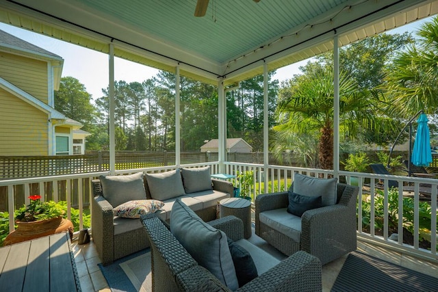 185 Red Leaf Blvd, Moncks Corner, SC 29461 - wooden terrace with an outdoor living space, a ceiling fan, and view of wooded area