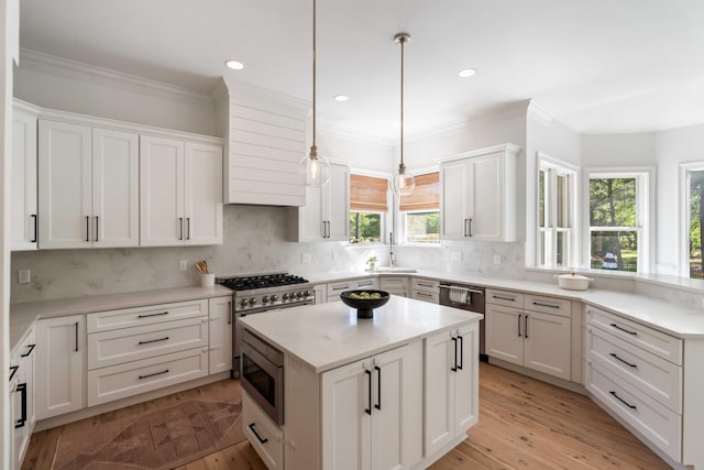 kitchen featuring light countertops, white cabinetry, stainless steel appliances, and a sink