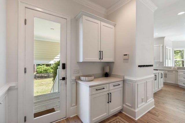 doorway to outside with ornamental molding, a decorative wall, light wood-type flooring, and a wainscoted wall