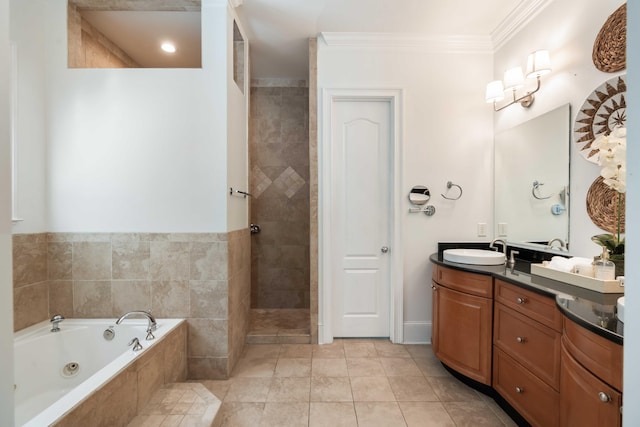 full bathroom featuring walk in shower, vanity, ornamental molding, tile patterned floors, and a whirlpool tub