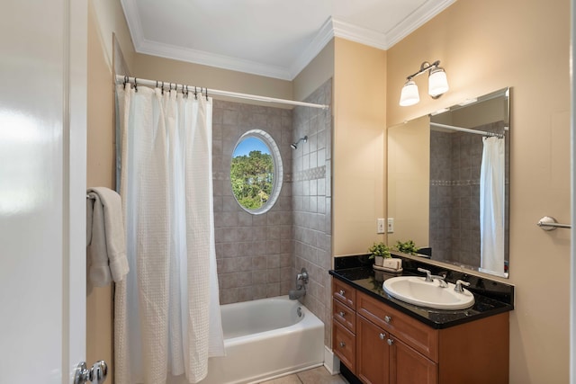 full bath with crown molding, vanity, and shower / bath combo
