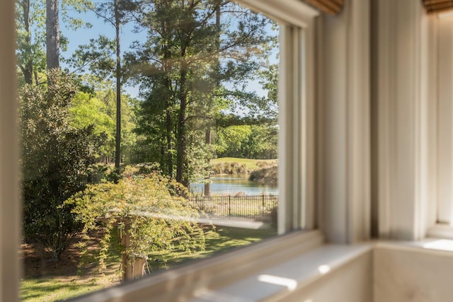 interior details with a water view