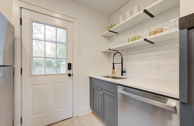 2317 Kent Ave, North Charleston, SC 29405 - kitchen with appliances with stainless steel finishes, a sink, decorative backsplash, open shelves, and gray cabinets