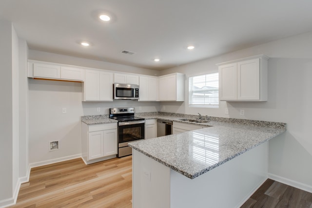 1816 Casein St, Summerville, SC 29483 - kitchen featuring visible vents, a peninsula, white cabinets, a sink, and stainless steel appliances