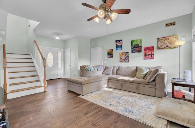1600 Windsor Ln, Moncks Corner, SC 29461 - living area with a ceiling fan, wood finished floors, and stairs