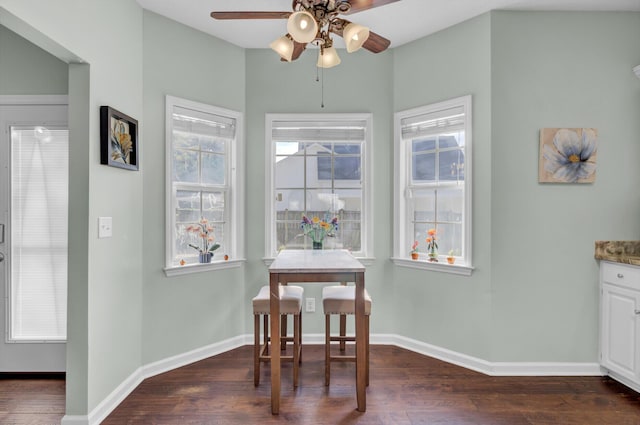 1600 Windsor Ln, Moncks Corner, SC 29461 - dining area featuring ceiling fan, dark wood-type flooring, plenty of natural light, and baseboards