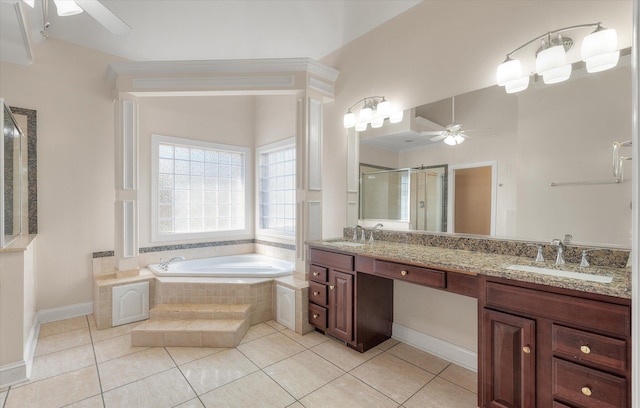 bathroom featuring tile patterned flooring, vanity, independent shower and bath, and ceiling fan