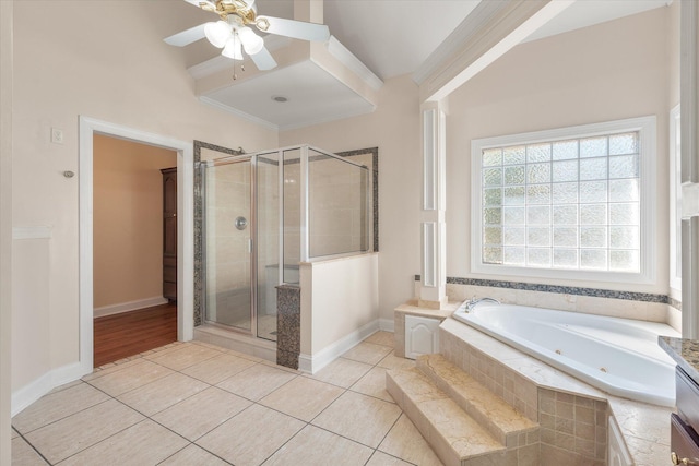 bathroom with crown molding, ceiling fan, separate shower and tub, and tile patterned flooring