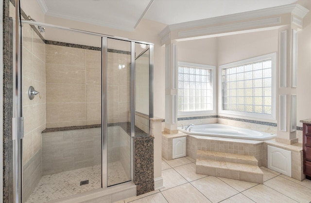 bathroom featuring tile patterned flooring, plus walk in shower, vanity, and crown molding