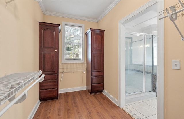 interior space featuring ornamental molding and light hardwood / wood-style flooring