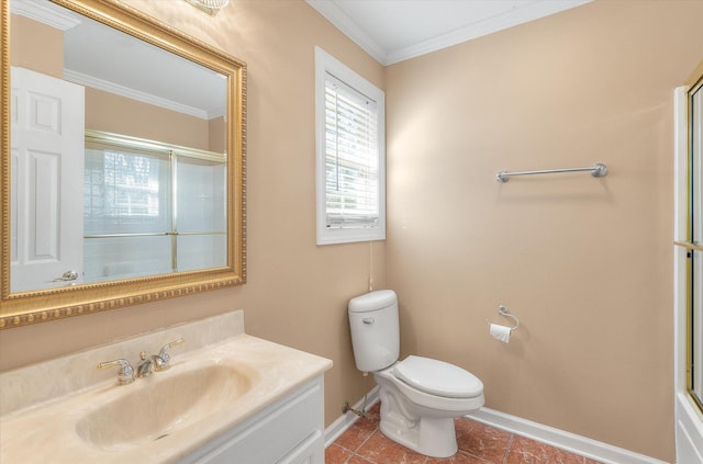 bathroom with a shower with shower door, vanity, toilet, crown molding, and tile patterned floors