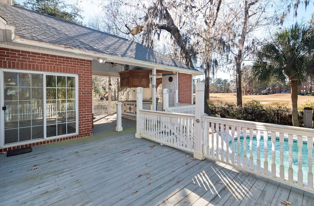 deck featuring a fenced in pool