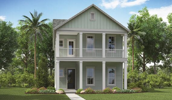 view of front of home featuring a balcony and a front lawn