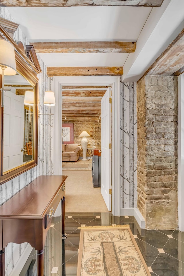 hallway with beam ceiling