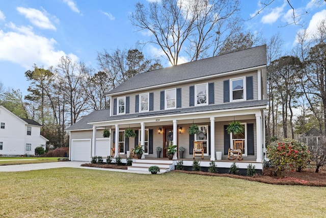 colonial inspired home with a front yard, driveway, covered porch, a shingled roof, and a garage