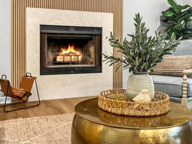 details featuring wood finished floors and a high end fireplace